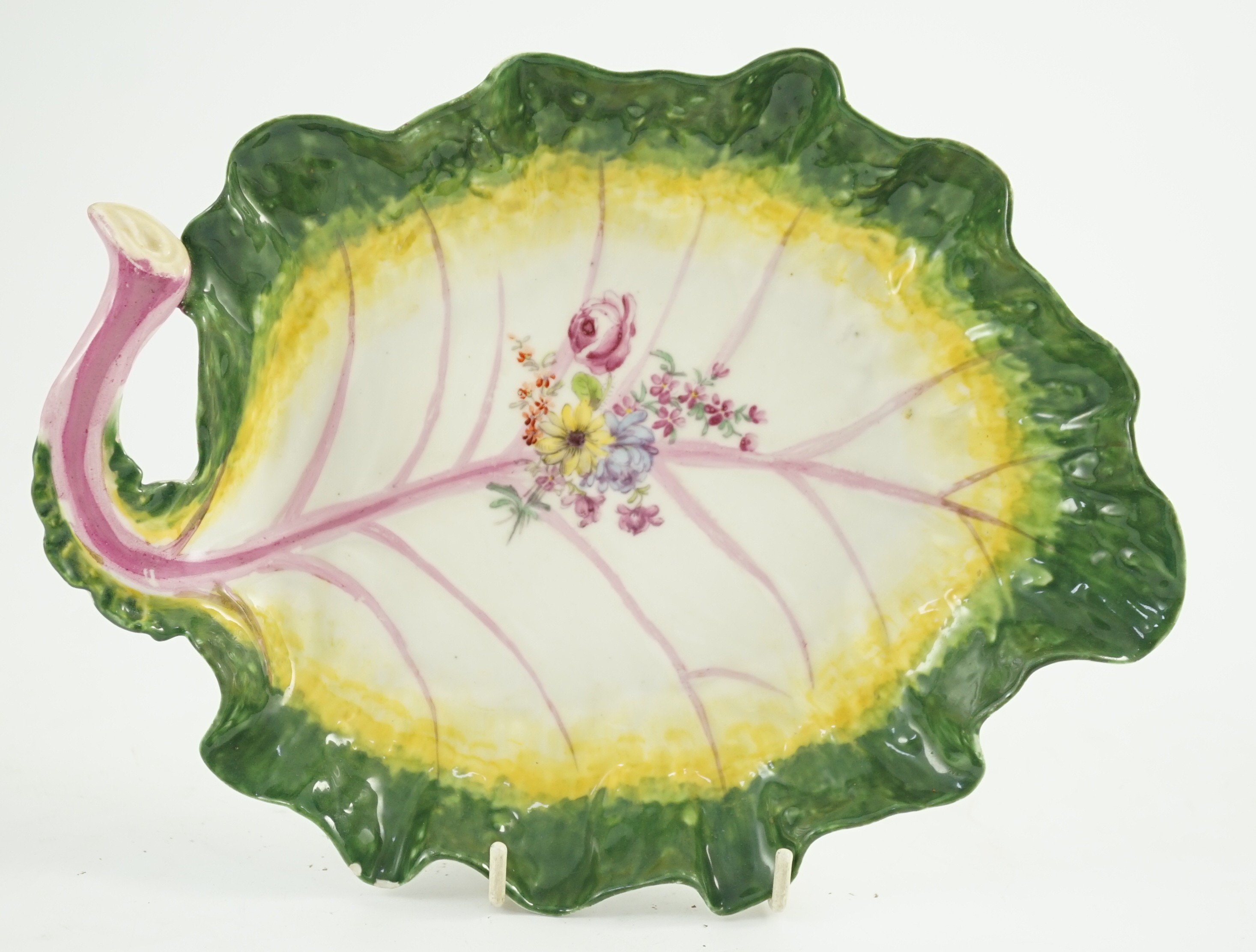A Chelsea red anchor leaf dish, c.1756, 24cm long